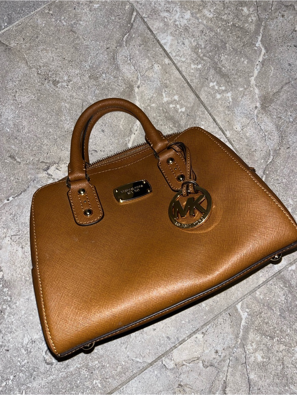 Michael Kors Cognac Leather Saffiano Satchel with Gold MK Charm